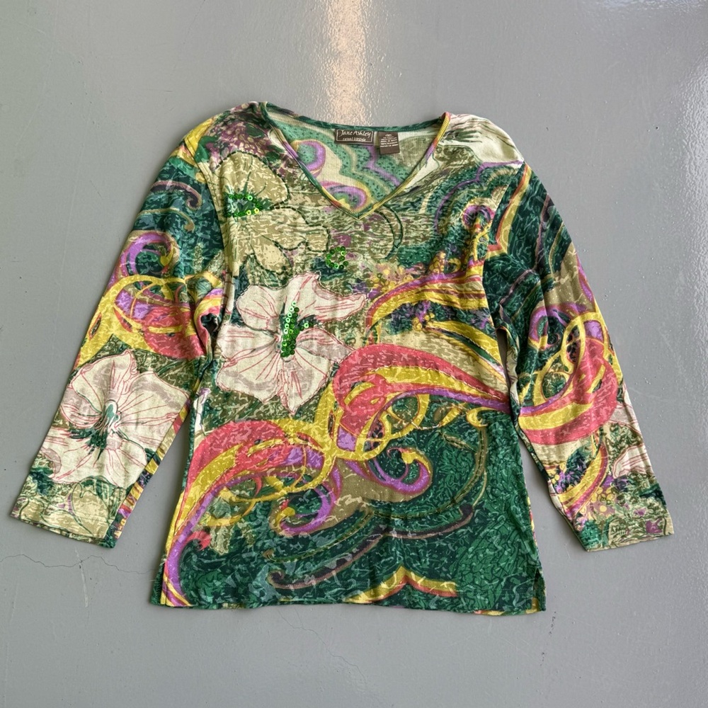 Jane Ashley Green and Pink Floral V-Neck Blouse size M